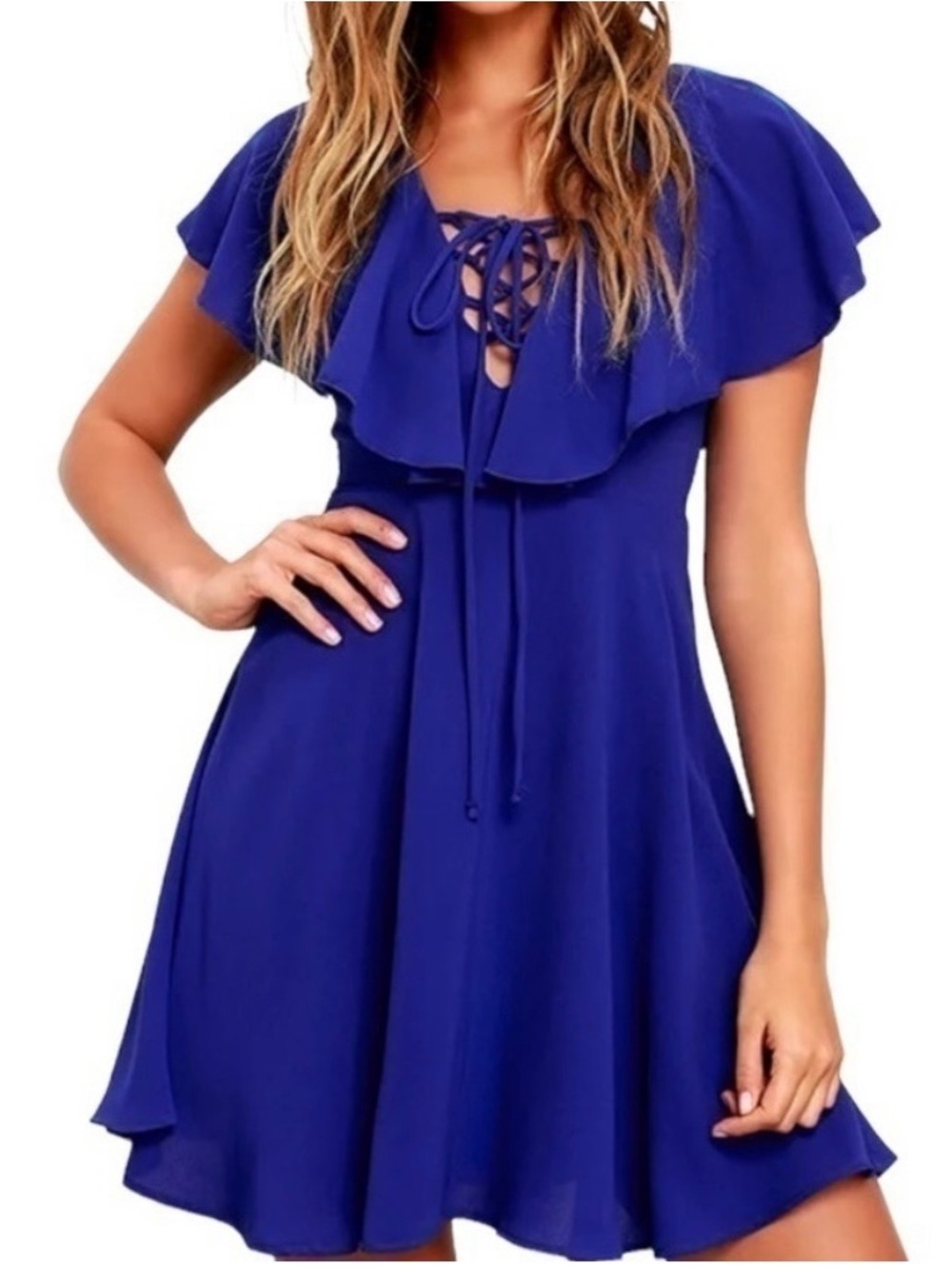 Lulu's Royal Blue Lace-Up Ruffle Mini Dress